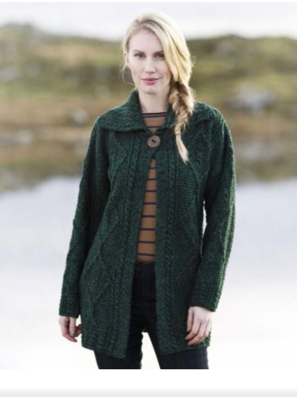 Carraig Donn Forest Green Cable Knit Cardigan with Wooden Button